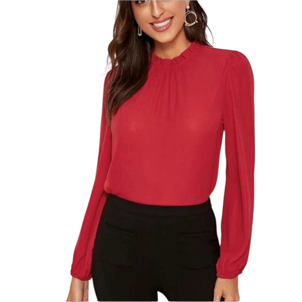 SHEIN NEW Grilled neckline lantern sleeve Red Large - Picture 2 of 4